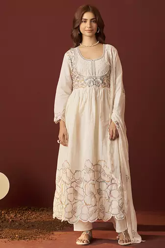 Cream embroidered with handwork pure cotton anarkali kurta set with dupatta for women