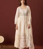 Cream embroidered with handwork pure cotton anarkali kurta set with dupatta for women