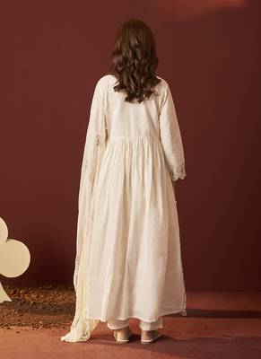 Cream embroidered with handwork pure cotton anarkali kurta set with dupatta for women 2