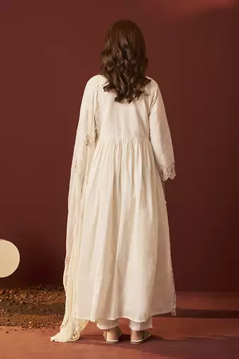 Cream embroidered with handwork pure cotton anarkali kurta set with dupatta for women