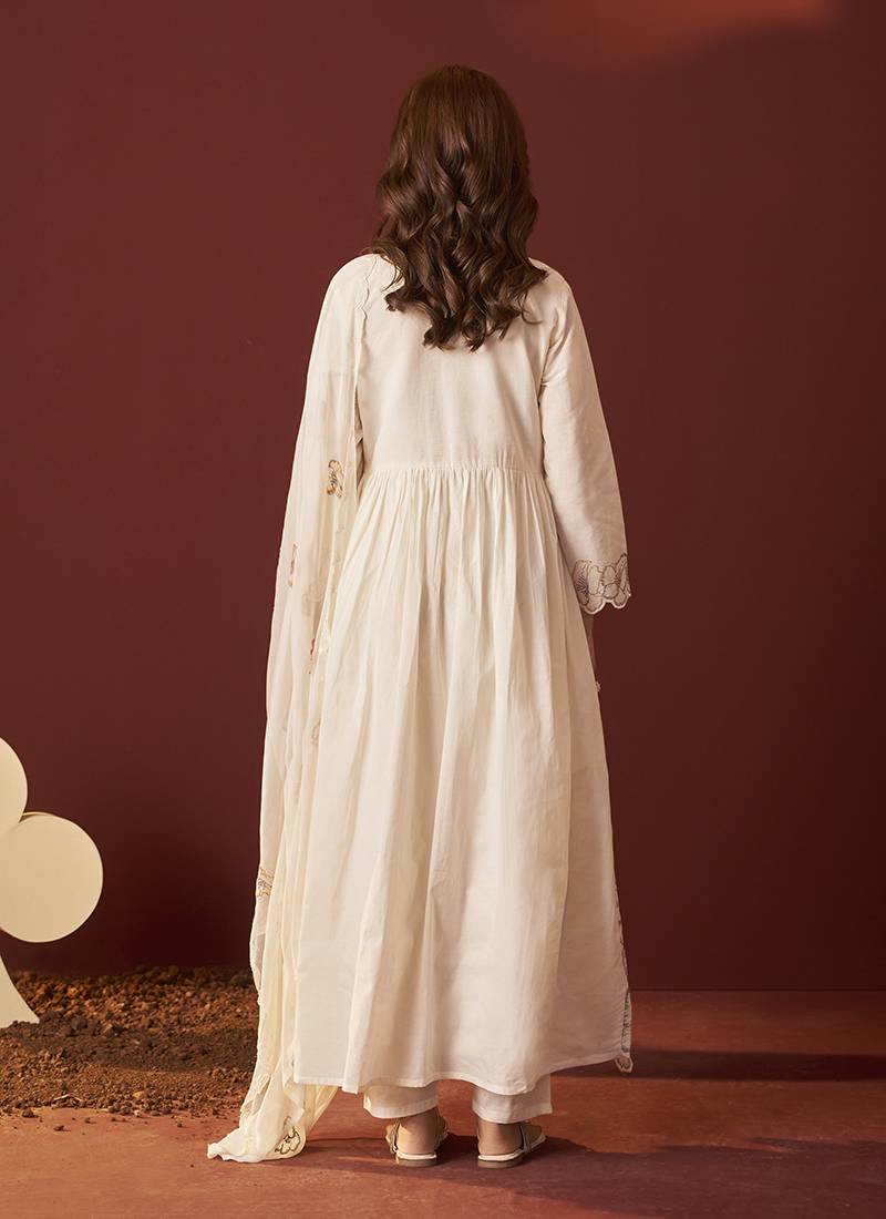 Cream embroidered with handwork pure cotton anarkali kurta set with dupatta for women