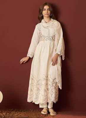 Cream embroidered with handwork pure cotton anarkali kurta set with dupatta for women 3