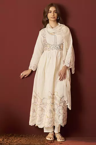 Cream embroidered with handwork pure cotton anarkali kurta set with dupatta for women