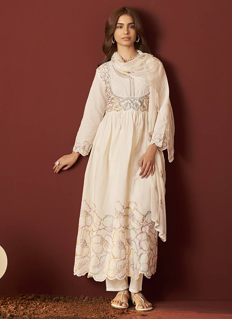 Cream embroidered with handwork pure cotton anarkali kurta set with dupatta for women