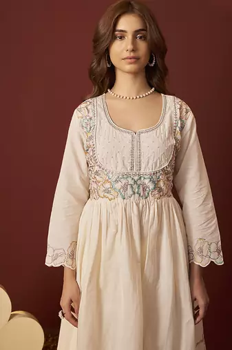 Cream embroidered with handwork pure cotton anarkali kurta set with dupatta for women
