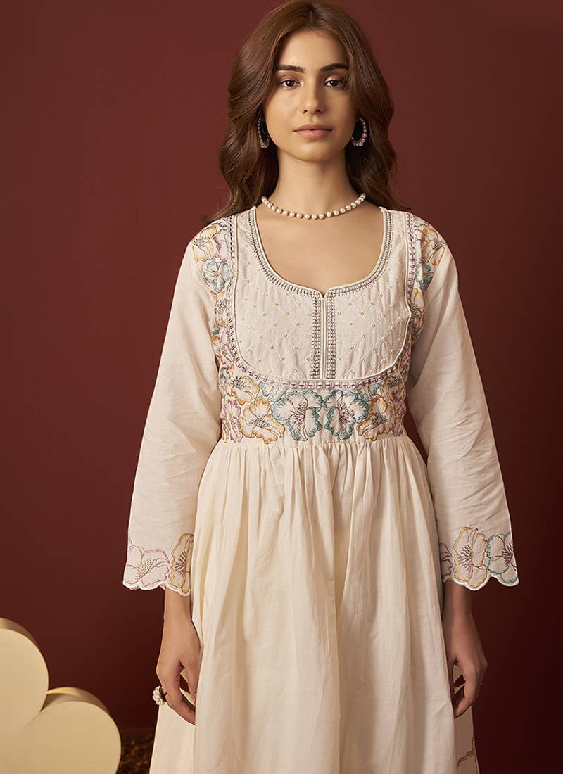 Cream embroidered with handwork pure cotton anarkali kurta set with dupatta for women