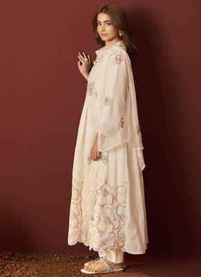 Cream embroidered with handwork pure cotton anarkali kurta set with dupatta for women 5