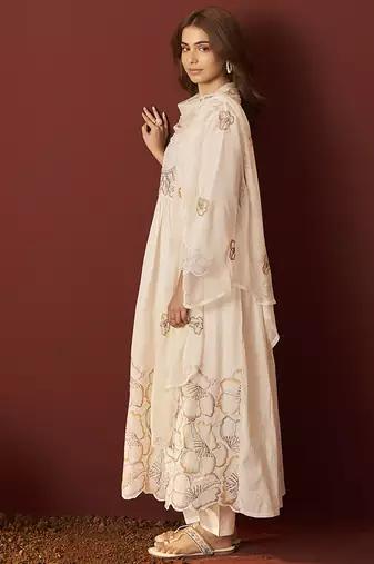 Cream embroidered with handwork pure cotton anarkali kurta set with dupatta for women