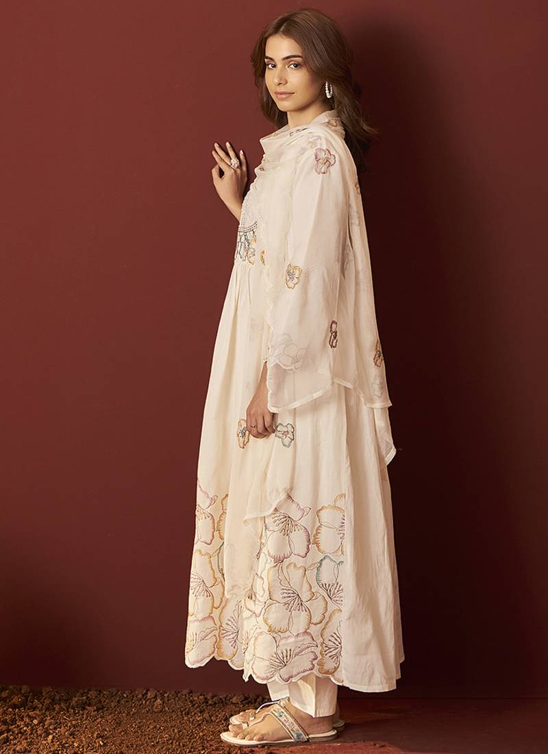 Cream embroidered with handwork pure cotton anarkali kurta set with dupatta for women