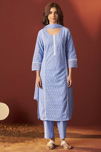 Sky blue schiffly with lace work pure cotton straight kurta set with dupatta for women