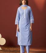 Sky blue schiffly with lace work pure cotton straight kurta set with dupatta for women