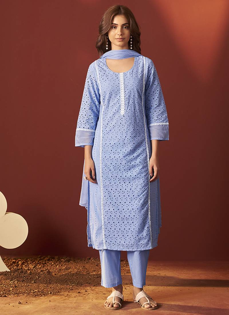 Sky blue schiffly with lace work pure cotton straight kurta set with dupatta for women