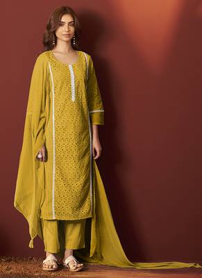 Mustard schiffly with lace work pure cotton straight kurta set with dupatta for women 1