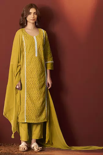 Mustard schiffly with lace work pure cotton straight kurta set with dupatta for women