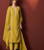 Mustard schiffly with lace work pure cotton straight kurta set with dupatta for women