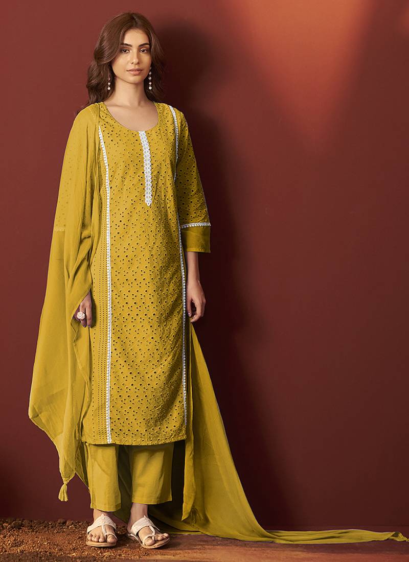 Mustard schiffly with lace work pure cotton straight kurta set with dupatta for women