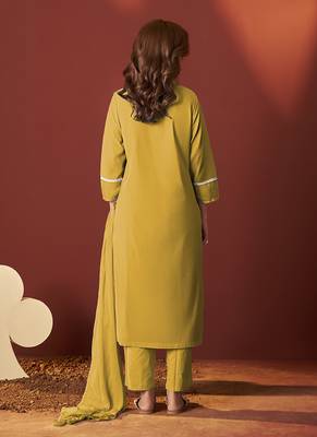 Mustard schiffly with lace work pure cotton straight kurta set with dupatta for women 2