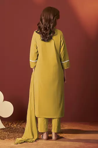 Mustard schiffly with lace work pure cotton straight kurta set with dupatta for women