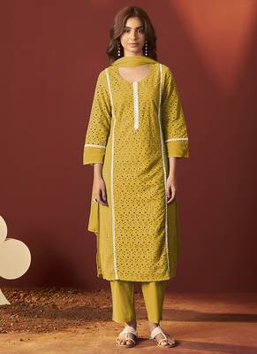 Mustard schiffly with lace work pure cotton straight kurta set with dupatta for women 3