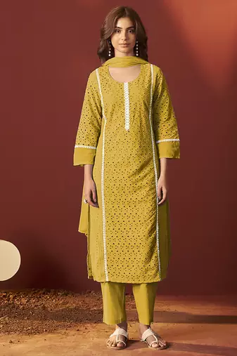 Mustard schiffly with lace work pure cotton straight kurta set with dupatta for women