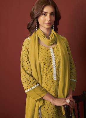 Mustard schiffly with lace work pure cotton straight kurta set with dupatta for women 4