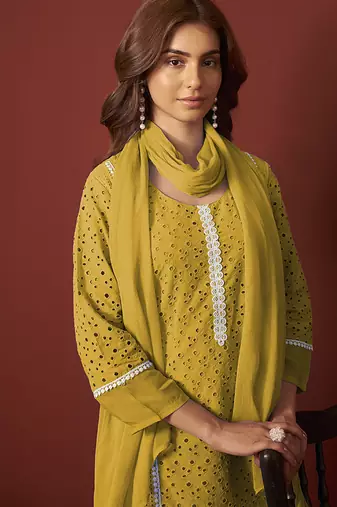 Mustard schiffly with lace work pure cotton straight kurta set with dupatta for women