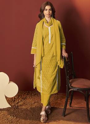 Mustard schiffly with lace work pure cotton straight kurta set with dupatta for women 5