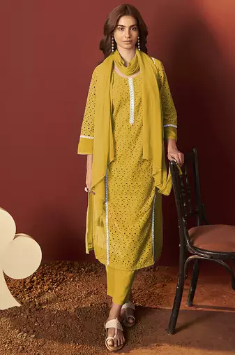 Mustard schiffly with lace work pure cotton straight kurta set with dupatta for women