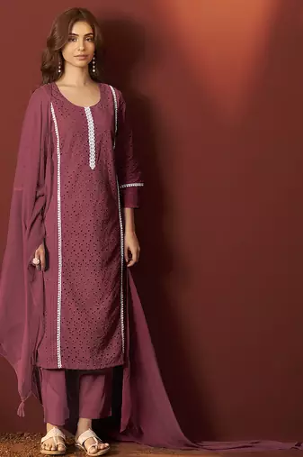 Maroon schiffly with lace work pure cotton straight kurta set with dupatta for women