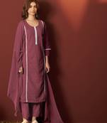 Maroon schiffly with lace work pure cotton straight kurta set with dupatta for women