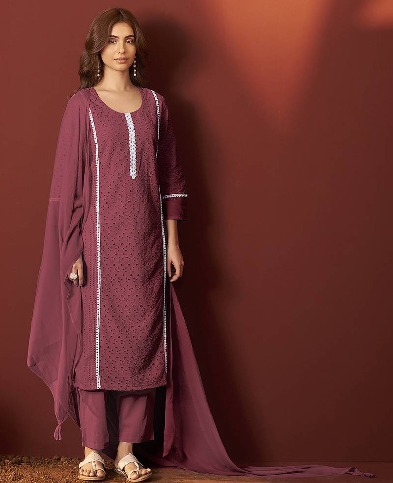 Maroon schiffly with lace work pure cotton straight kurta set with dupatta for women