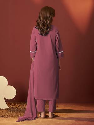 Maroon schiffly with lace work pure cotton straight kurta set with dupatta for women 2