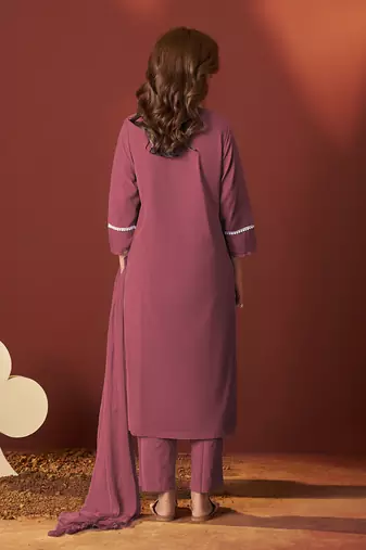 Maroon schiffly with lace work pure cotton straight kurta set with dupatta for women