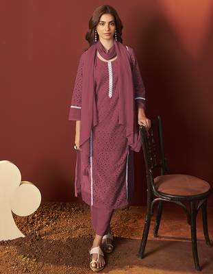 Maroon schiffly with lace work pure cotton straight kurta set with dupatta for women 3