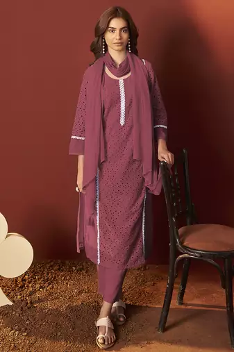 Maroon schiffly with lace work pure cotton straight kurta set with dupatta for women