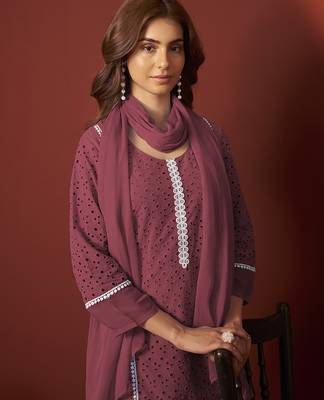 Maroon schiffly with lace work pure cotton straight kurta set with dupatta for women 4