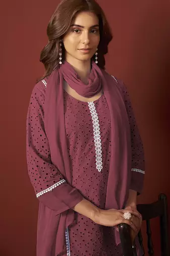 Maroon schiffly with lace work pure cotton straight kurta set with dupatta for women