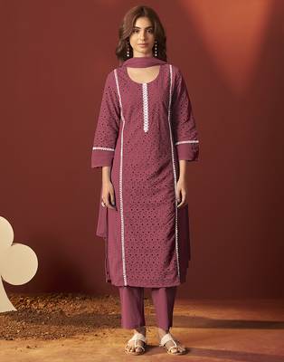 Maroon schiffly with lace work pure cotton straight kurta set with dupatta for women 5