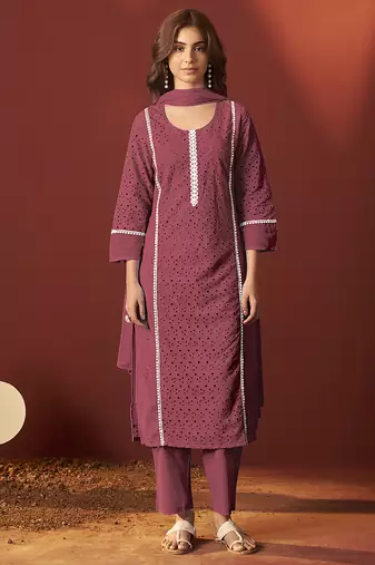 Maroon schiffly with lace work pure cotton straight kurta set with dupatta for women