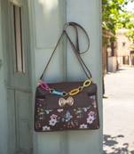 Women Brown Floral Mini Sling Bag Stylish Chain Bow Shoulder Purse