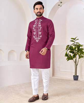 Ethnic wine roman silk kurta with front embroidery 1
