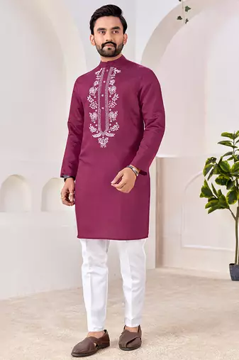 Ethnic wine roman silk kurta with front embroidery