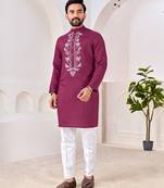Ethnic wine roman silk kurta with front embroidery