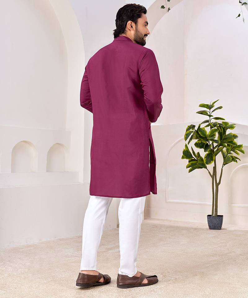 Ethnic wine roman silk kurta with front embroidery