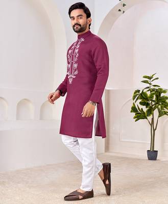 Ethnic wine roman silk kurta with front embroidery 3