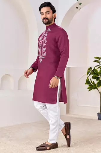 Ethnic wine roman silk kurta with front embroidery