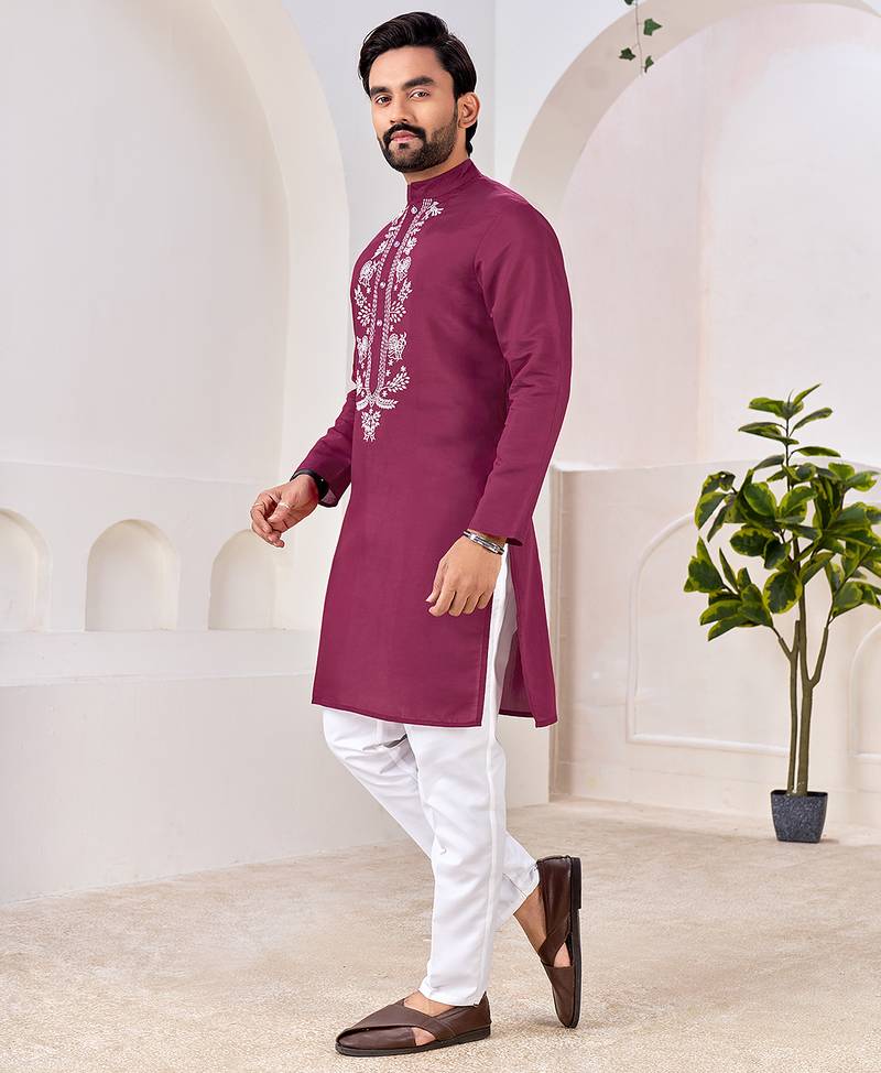 Ethnic wine roman silk kurta with front embroidery
