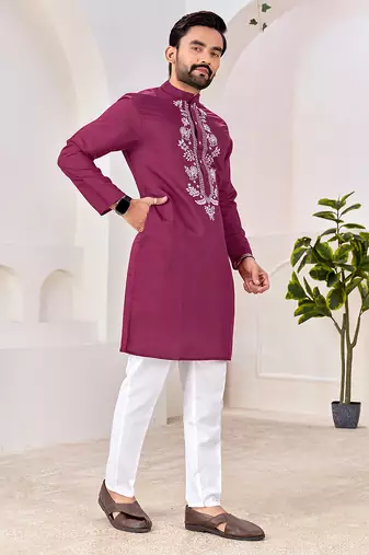 Ethnic wine roman silk kurta with front embroidery