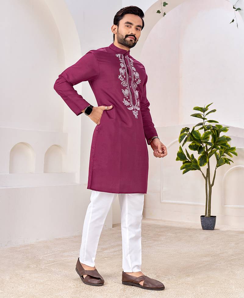 Ethnic wine roman silk kurta with front embroidery