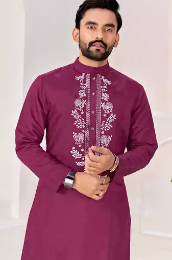 Ethnic wine roman silk kurta with front embroidery